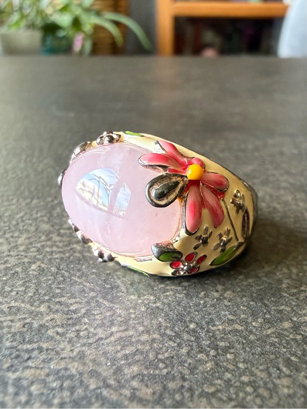 David Sigal Rose Quartz Floral Enamel Cocktail Ring Size 6